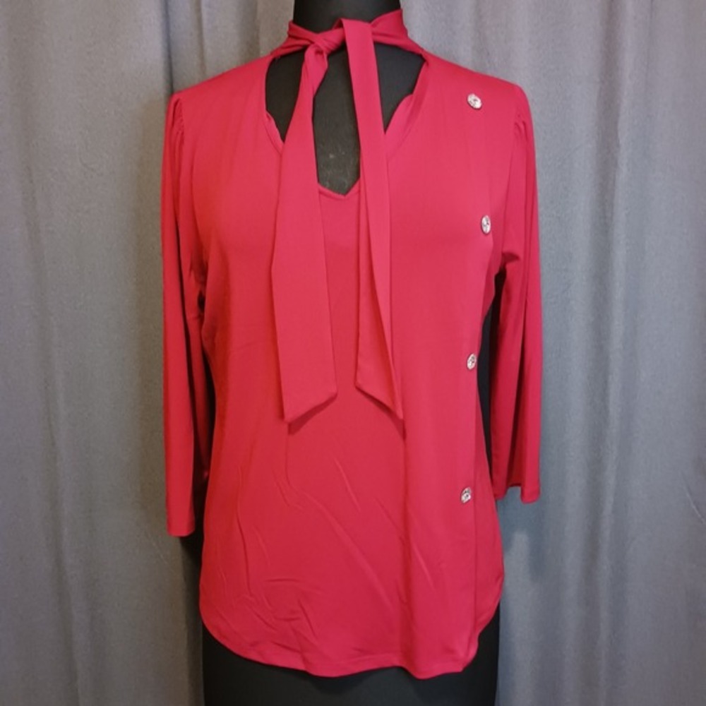 Adrienne Vittadini Classy Red Long Sleeve Tie Neck Blouse Rhinestone Buttons L‎